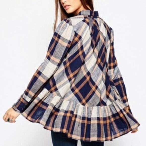 Free People Women's Preppy Plaid Flannel Ruffle Button Up Tunic Top Size M Multi - Picture 3 of 6